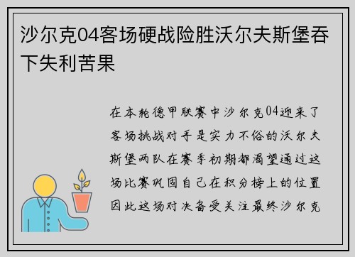 沙尔克04客场硬战险胜沃尔夫斯堡吞下失利苦果