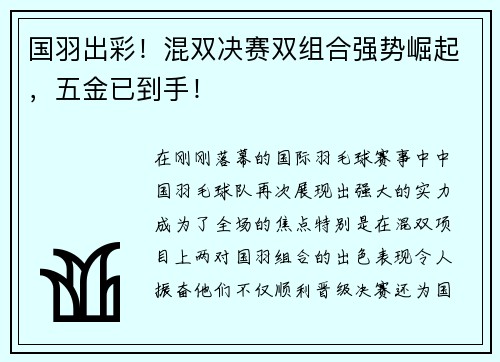 国羽出彩！混双决赛双组合强势崛起，五金已到手！
