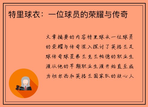 特里球衣：一位球员的荣耀与传奇
