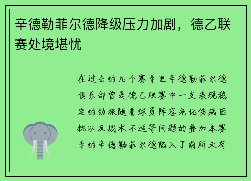 辛德勒菲尔德降级压力加剧，德乙联赛处境堪忧